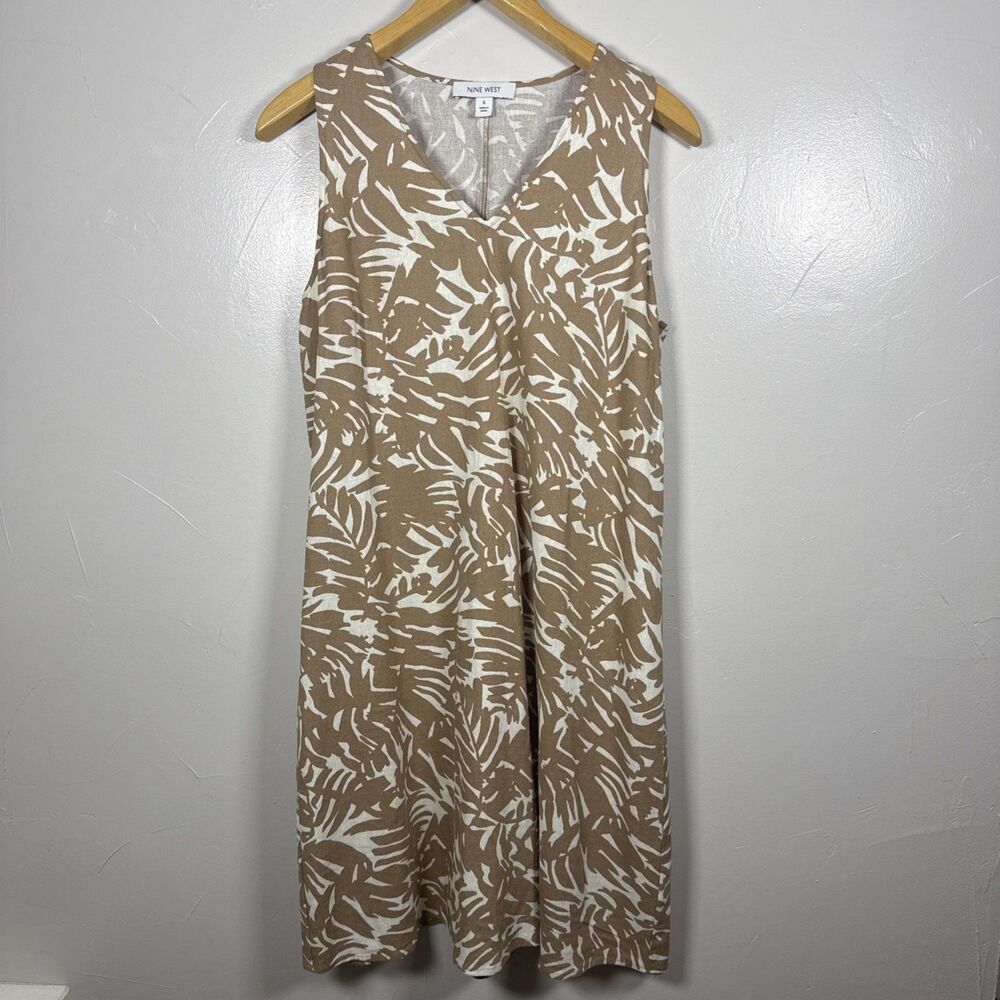 Nine West Linen Blend Midi Dress Tropical Print Sleeveless Dress Women's Size 6